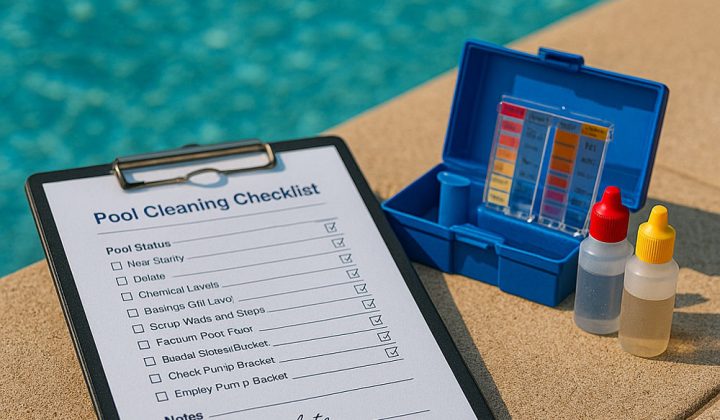 A clipboard with a completed pool cleaning checklist and a water testing kit placed beside a clear swimming pool, showing chemical balance and maintenance tasks.
